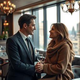 A romantic scene depicting a successful CEO and a regular woman sharing a heartfelt moment