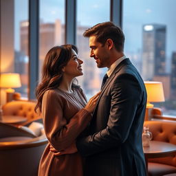 A romantic scene depicting a successful CEO and a regular woman sharing a heartfelt moment