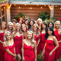 A vibrant scene featuring fifteen women aged between 18 and 45, each with different hair colors including blonde, brunette, red, black, auburn, and pastel shades
