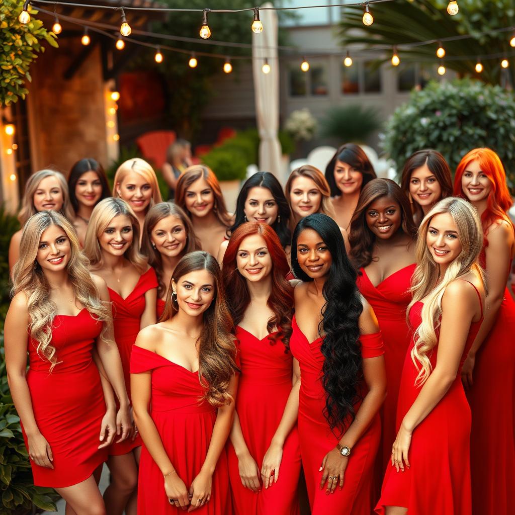 A vibrant scene featuring fifteen women aged between 18 and 45, each with different hair colors including blonde, brunette, red, black, auburn, and pastel shades