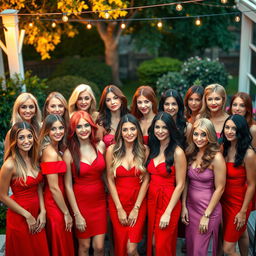 A vibrant scene featuring fifteen women aged between 18 and 45, each with different hair colors including blonde, brunette, red, black, auburn, and pastel shades