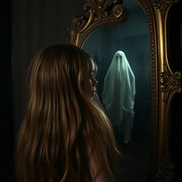 A young girl with long flowing hair, looking startled, gazes into a vintage ornate mirror