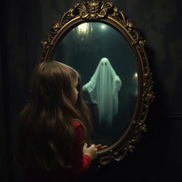 A young girl with long flowing hair, looking startled, gazes into a vintage ornate mirror