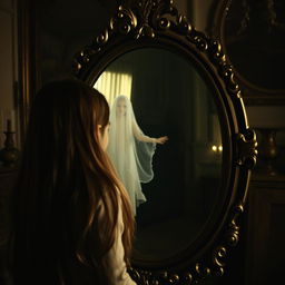 A young girl with long flowing hair, looking startled, gazes into a vintage ornate mirror
