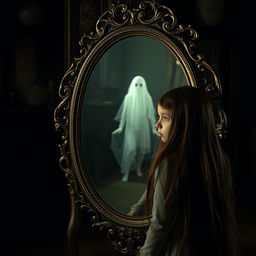 A young girl with long flowing hair, looking startled, gazes into a vintage ornate mirror