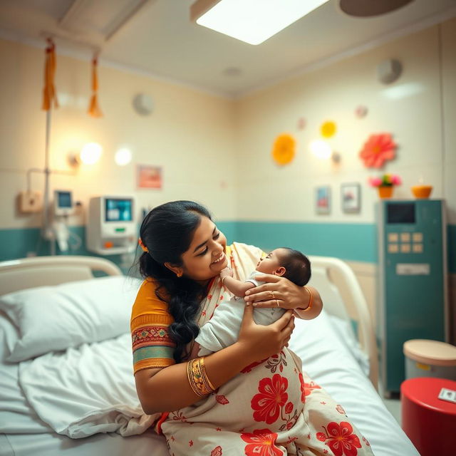 A heartwarming scene inside a Tamil hospital maternity ward, capturing the joyous moment of a baby being born