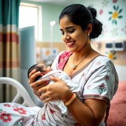 A heartwarming scene inside a Tamil hospital maternity ward, capturing the joyous moment of a baby being born