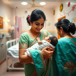A heartwarming scene inside a Tamil hospital maternity ward, capturing the joyous moment of a baby being born