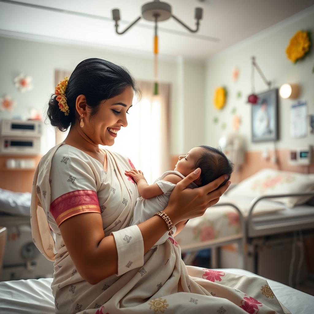 A heartwarming scene inside a Tamil hospital maternity ward, capturing the joyous moment of a baby being born