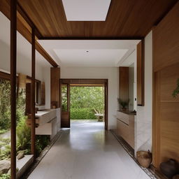 Design a minimalist house worth 150 million with Balinese elements including a kitchen and bathroom