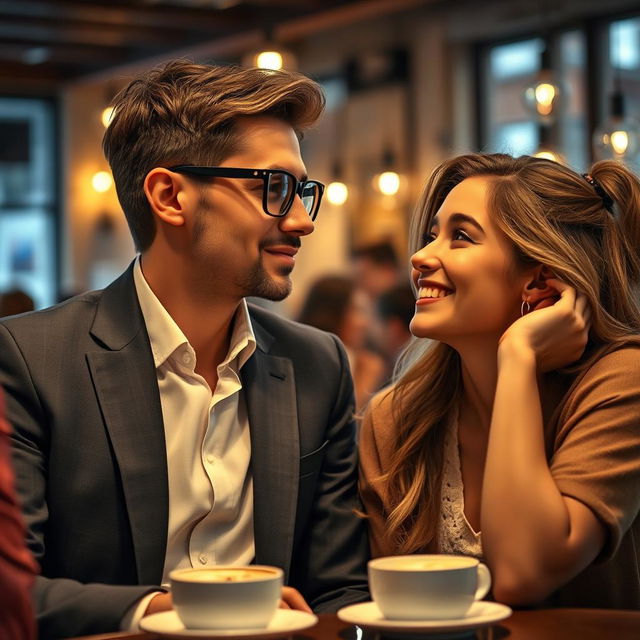 A romantic scene depicting a CEO wearing stylish eyeglasses, dressed in a sharp suit, is captivated by the charm of an everyday woman, who is casually dressed