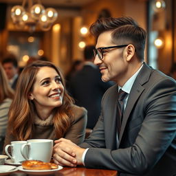 A romantic scene depicting a CEO wearing stylish eyeglasses, dressed in a sharp suit, is captivated by the charm of an everyday woman, who is casually dressed