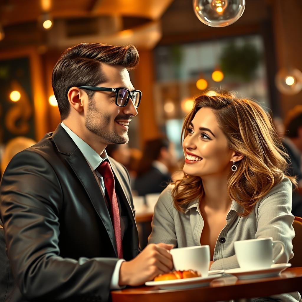 A romantic scene depicting a CEO wearing stylish eyeglasses, dressed in a sharp suit, is captivated by the charm of an everyday woman, who is casually dressed