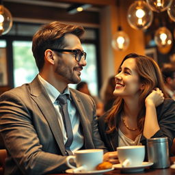 A romantic scene depicting a CEO wearing stylish eyeglasses, dressed in a sharp suit, is captivated by the charm of an everyday woman, who is casually dressed