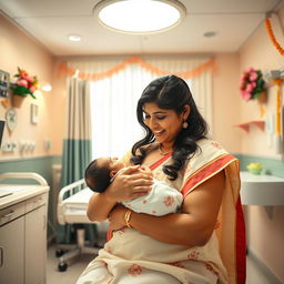 A heartwarming scene inside a Tamil hospital maternity ward, beautifully capturing the joyful moment of a baby being born