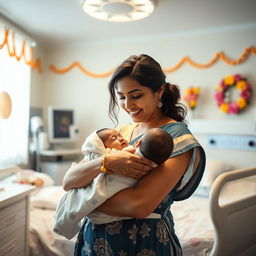 A heartwarming scene inside a Tamil hospital maternity ward, beautifully capturing the joyful moment of a baby being born