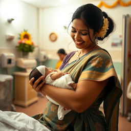 A heartwarming scene inside a Tamil hospital maternity ward, beautifully capturing the joyful moment of a baby being born
