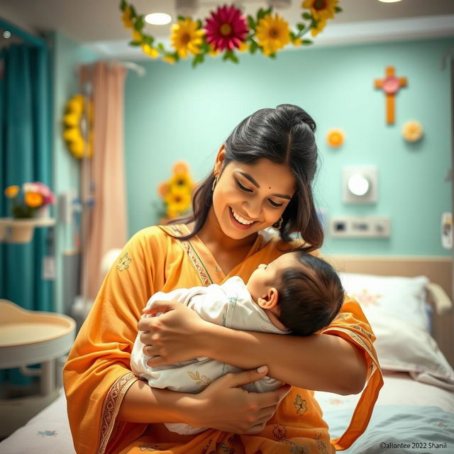 A heartwarming scene inside a Tamil hospital maternity ward, beautifully capturing the joyful moment of a baby being born