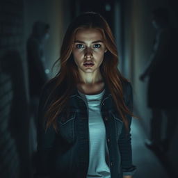 A young woman standing in a dimly lit alley, her eyes wide with fear