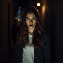 A young woman standing in a dimly lit alley, her eyes wide with fear