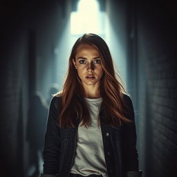 A young woman standing in a dimly lit alley, her eyes wide with fear