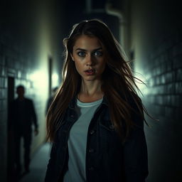 A young woman standing in a dimly lit alley, her eyes wide with fear