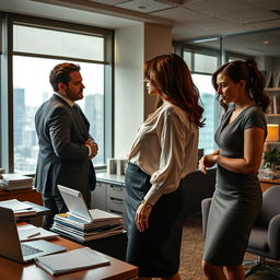 A dramatic scene in an office setting showcasing a love triangle