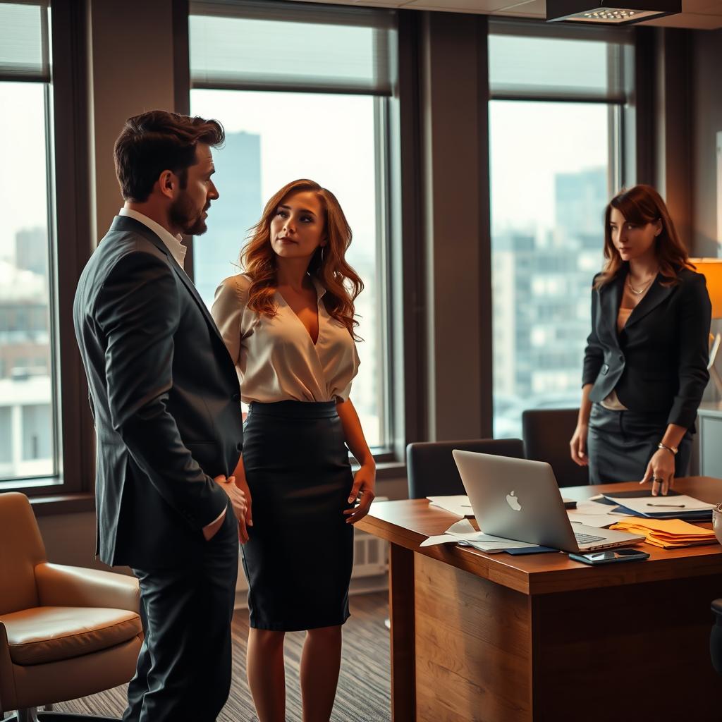 A dramatic scene in an office setting showcasing a love triangle