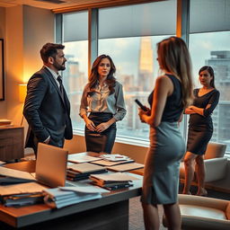 A dramatic scene in an office setting showcasing a love triangle