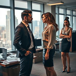 A dramatic scene in an office setting showcasing a love triangle
