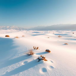 A stunning snowy desert landscape, showcasing vast expanses of white snow dunes and crystal-clear blue skies