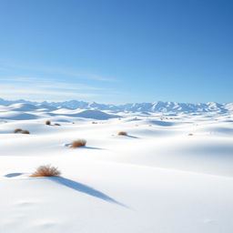 A stunning snowy desert landscape, showcasing vast expanses of white snow dunes and crystal-clear blue skies