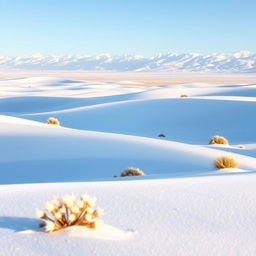 A stunning snowy desert landscape, showcasing vast expanses of white snow dunes and crystal-clear blue skies