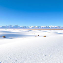 A stunning snowy desert landscape, showcasing vast expanses of white snow dunes and crystal-clear blue skies