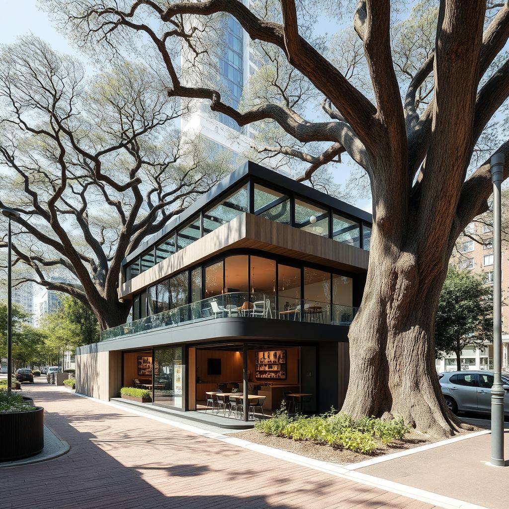 A modern cafe designed on a narrow urban site, measuring 100m in length and 7m in width