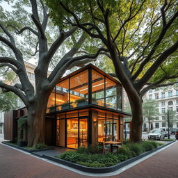 A modern cafe designed on a narrow urban site, measuring 100m in length and 7m in width