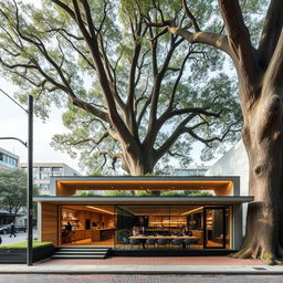 A modern cafe designed on a narrow urban site, measuring 100m in length and 7m in width