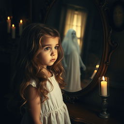 A young girl with long wavy hair, wearing a light pastel dress, gazes in astonishment at a vintage mirror