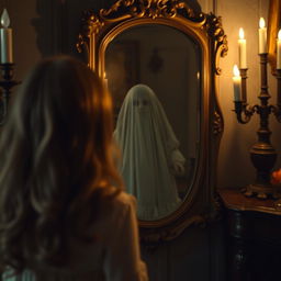 A young girl with long wavy hair, wearing a light pastel dress, gazes in astonishment at a vintage mirror