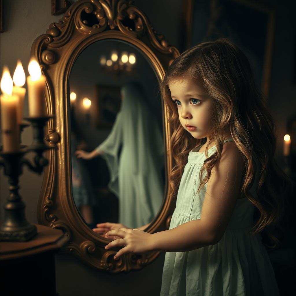 A young girl with long wavy hair, wearing a light pastel dress, gazes in astonishment at a vintage mirror