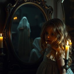 A young girl with long wavy hair, wearing a light pastel dress, gazes in astonishment at a vintage mirror