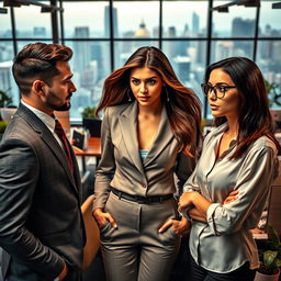 A dramatic love triangle set in a modern office environment, showcasing three attractive adults: a confident, charismatic man in a tailored suit, a sophisticated woman with long flowing hair in a chic business outfit, and a smart, edgy woman wearing stylish glasses and a trendy blouse