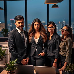 A dramatic love triangle set in a modern office environment, showcasing three attractive adults: a confident, charismatic man in a tailored suit, a sophisticated woman with long flowing hair in a chic business outfit, and a smart, edgy woman wearing stylish glasses and a trendy blouse