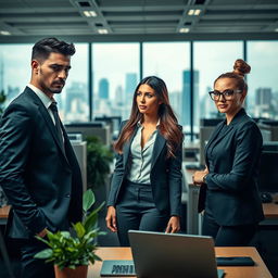 A dramatic love triangle set in a modern office environment, showcasing three attractive adults: a confident, charismatic man in a tailored suit, a sophisticated woman with long flowing hair in a chic business outfit, and a smart, edgy woman wearing stylish glasses and a trendy blouse