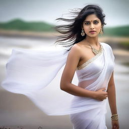 An HDR photograph of a beautiful Indian model in a wet, white chiffon saree on a windy day