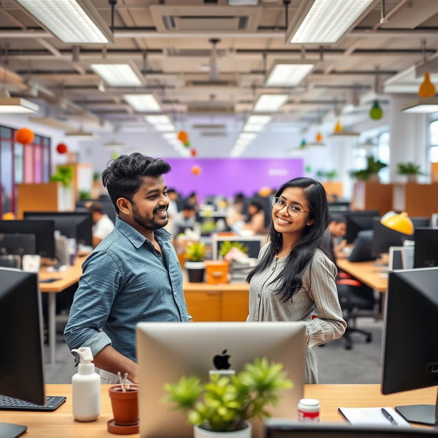 A vibrant office setting where a 25-year-old Tamil male and female have an unexpected encounter