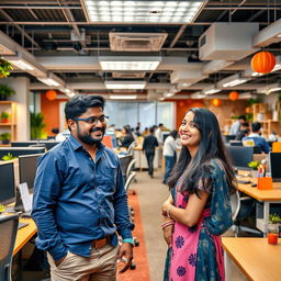 A vibrant office setting where a 25-year-old Tamil male and female have an unexpected encounter