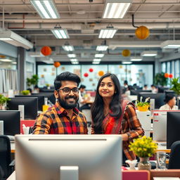 A vibrant office setting where a 25-year-old Tamil male and female have an unexpected encounter