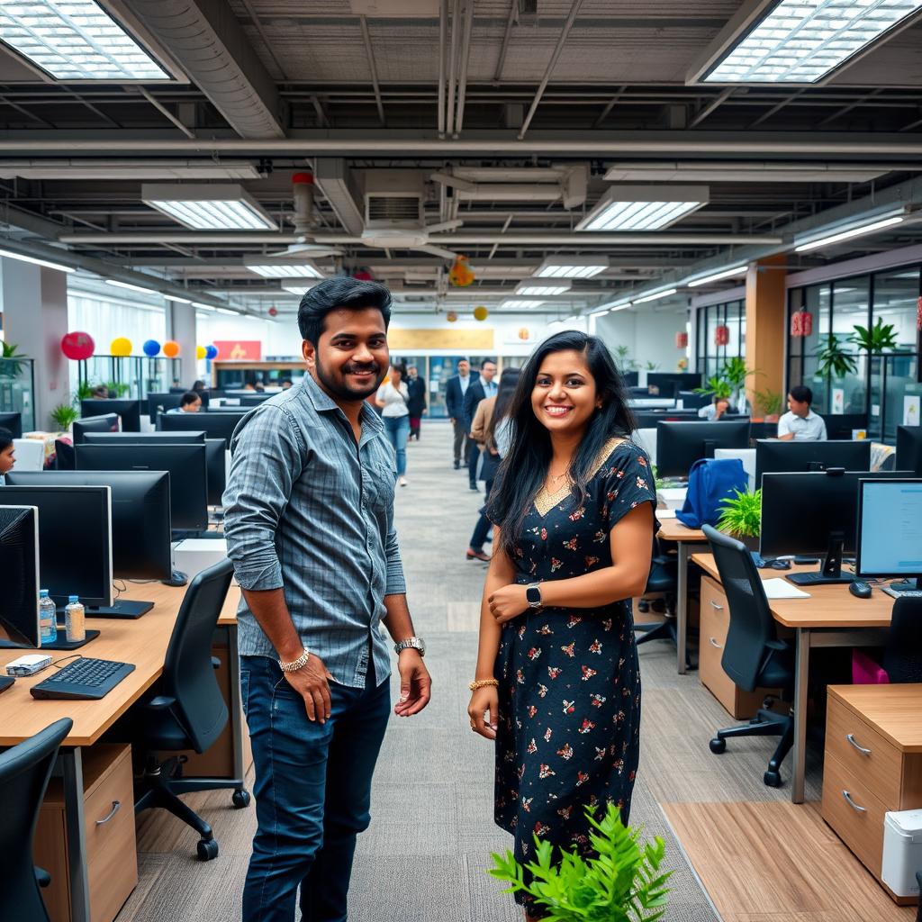 A vibrant office setting where a 25-year-old Tamil male and female have an unexpected encounter