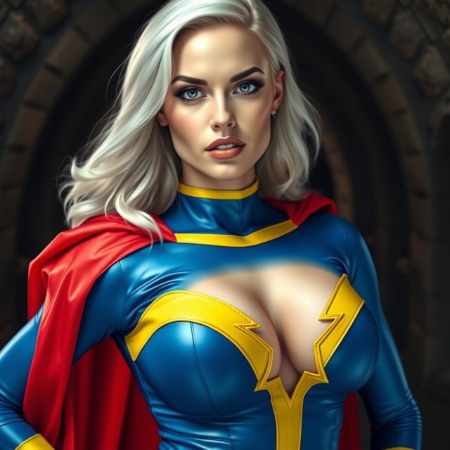 A close-up shot of a gorgeous white female superhero, featuring a strong and confident expression